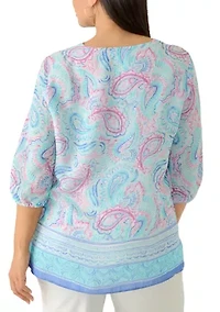 Plus Three-Quarter Sleeve Border Print Woven Top