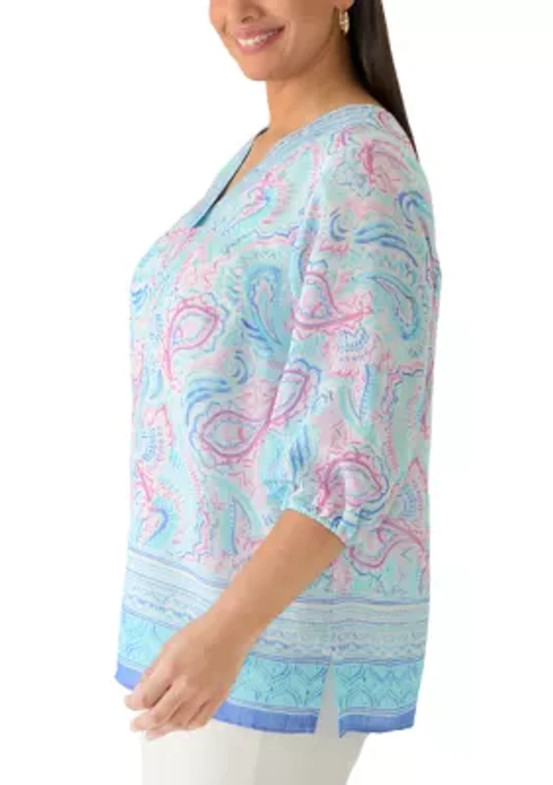 Plus Three-Quarter Sleeve Border Print Woven Top