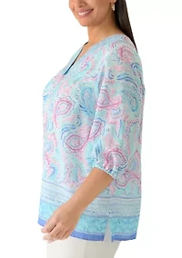 Plus Three-Quarter Sleeve Border Print Woven Top