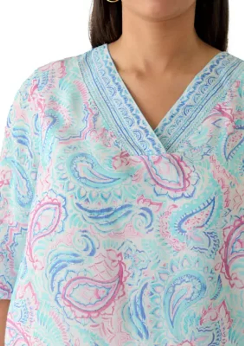 Plus Three-Quarter Sleeve Border Print Woven Top