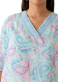 Plus Three-Quarter Sleeve Border Print Woven Top
