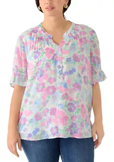 Plus Short Flutter Sleeve Woven Henley Top