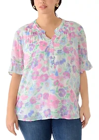 Plus Short Flutter Sleeve Woven Henley Top