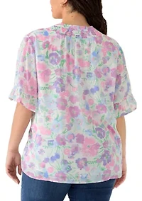 Plus Short Flutter Sleeve Woven Henley Top