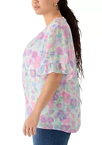 Plus Short Flutter Sleeve Woven Henley Top