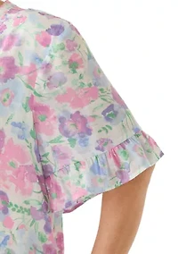 Plus Short Flutter Sleeve Woven Henley Top