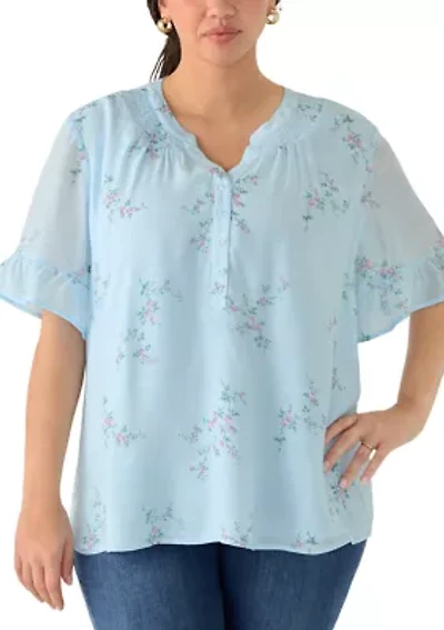 Petite Short Flutter Sleeve Woven Henley Top