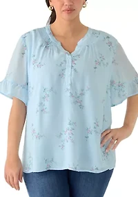 Petite Short Flutter Sleeve Woven Henley Top