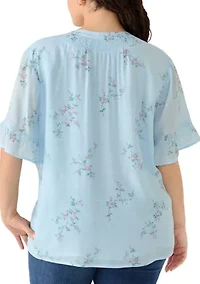 Petite Short Flutter Sleeve Woven Henley Top