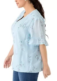 Petite Short Flutter Sleeve Woven Henley Top