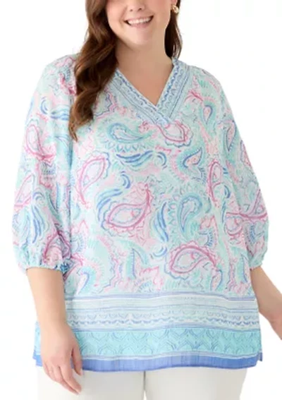 Plus Three-Quarter Sleeves Printed Woven Top