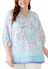 Plus Three-Quarter Sleeves Printed Woven Top