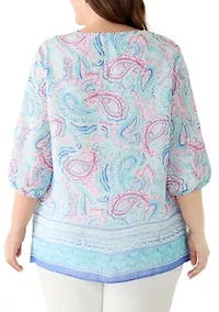 Plus Three-Quarter Sleeves Printed Woven Top
