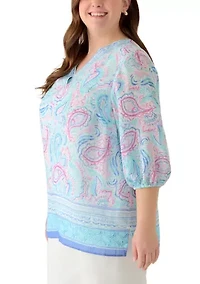 Plus Three-Quarter Sleeves Printed Woven Top