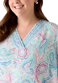 Plus Three-Quarter Sleeves Printed Woven Top