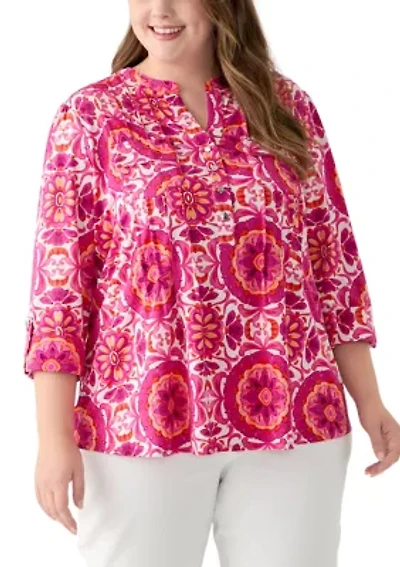 Plus Printed Knit Henley Top