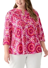 Plus Printed Knit Henley Top