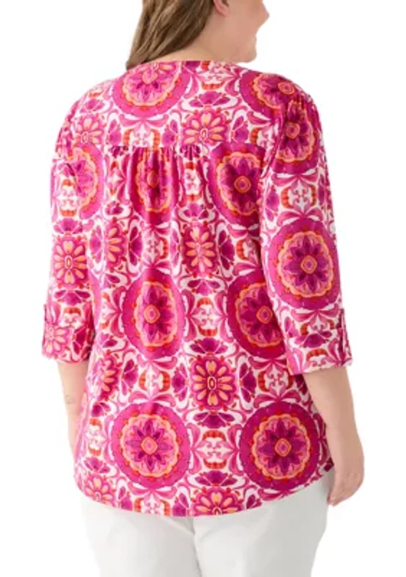 Plus Printed Knit Henley Top