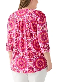 Plus Printed Knit Henley Top