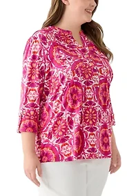 Plus Printed Knit Henley Top