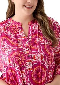 Plus Printed Knit Henley Top