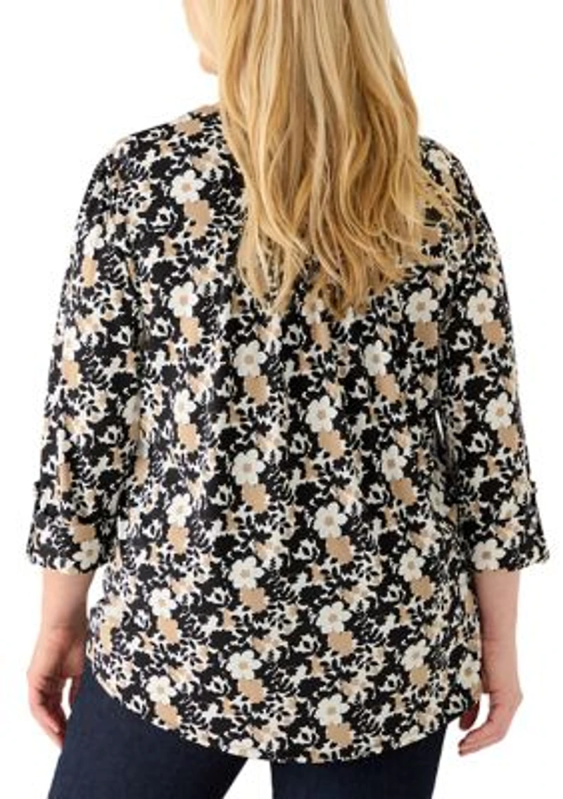 Plus 3/4 Sleeve Roll-Tab Henley Shirt