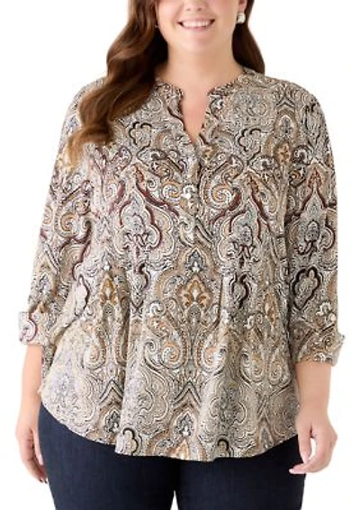 Plus 3/4 Sleeve Pleated Blouse