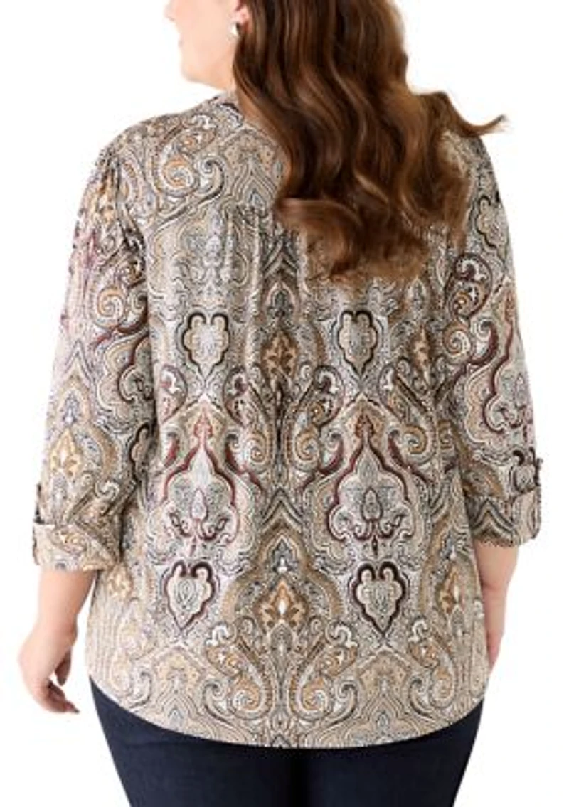 Plus 3/4 Sleeve Pleated Blouse