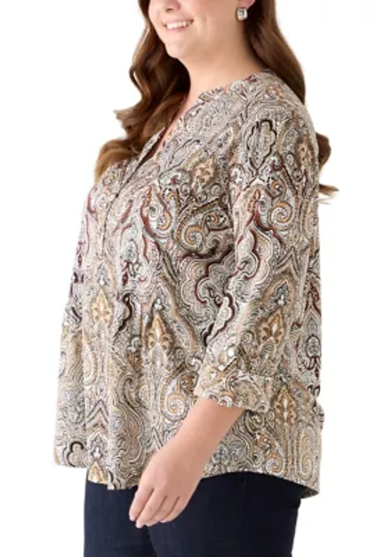 Plus 3/4 Sleeve Pleated Blouse