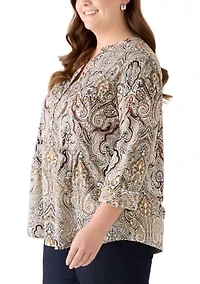 Plus 3/4 Sleeve Pleated Blouse