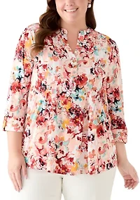 Plus 3/4 Sleeve Pleated Blouse