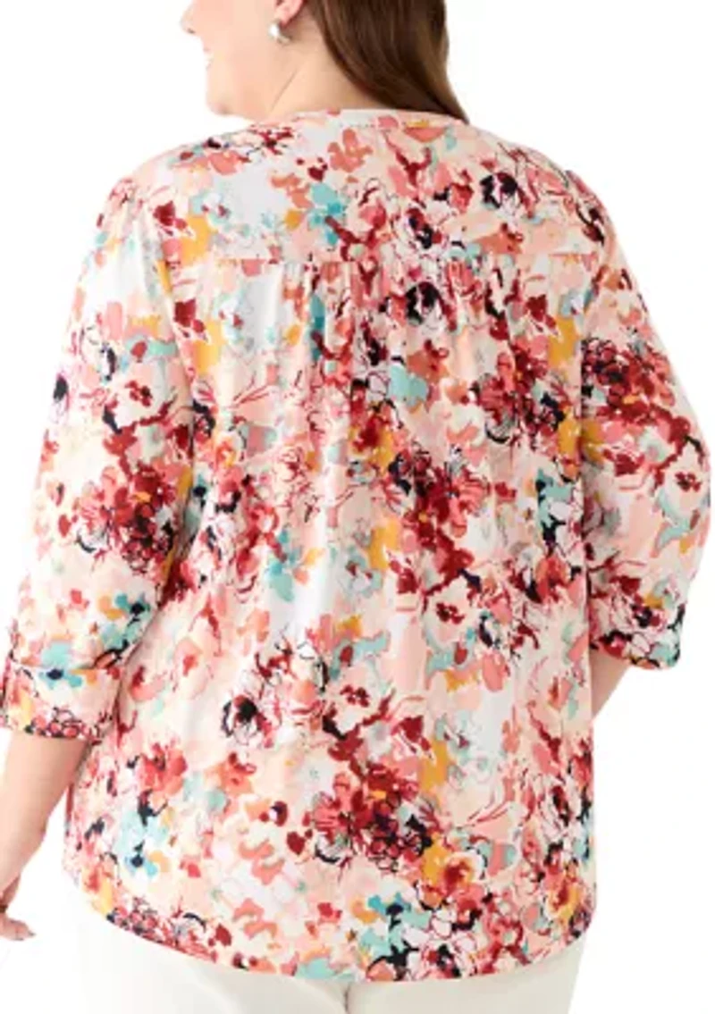 Plus 3/4 Sleeve Pleated Blouse