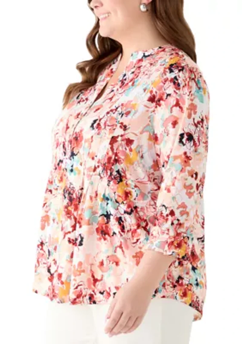 Plus 3/4 Sleeve Pleated Blouse