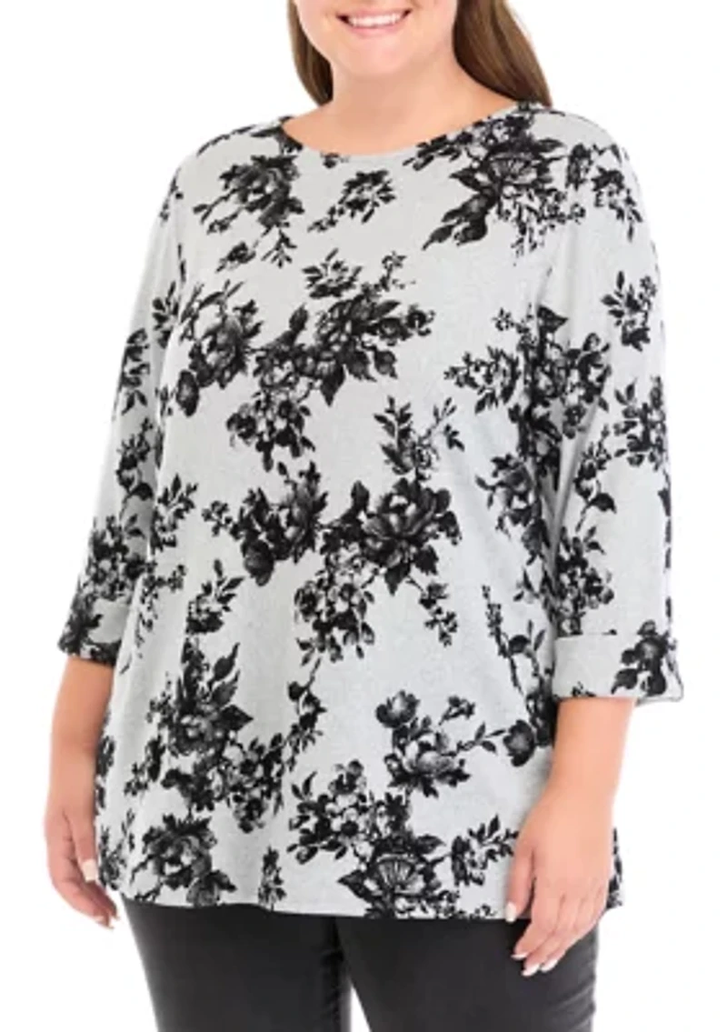 Plus Sized Flocked Printed Swing Knit Sweater
