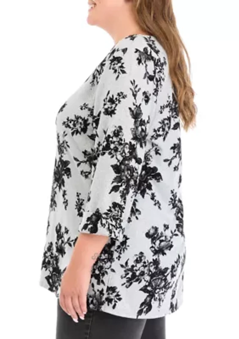 Plus Sized Flocked Printed Swing Knit Sweater