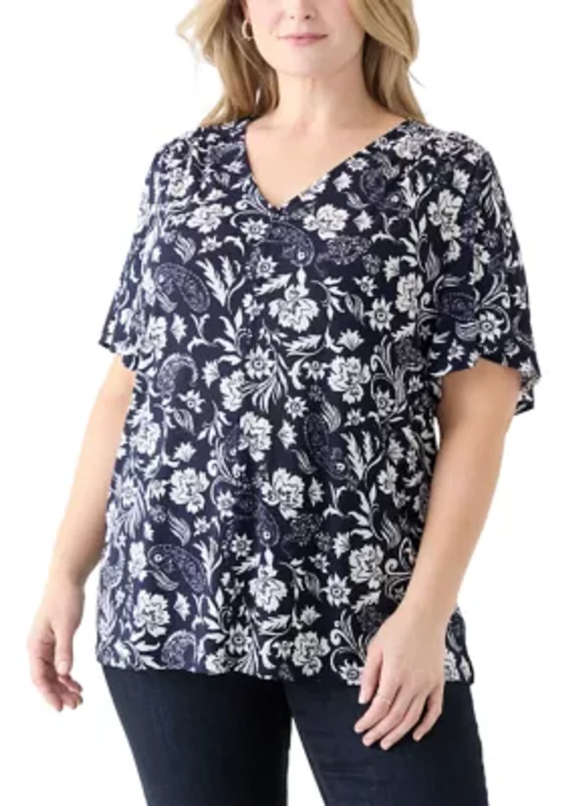 Plus Flutter Sleeve Button Front Top