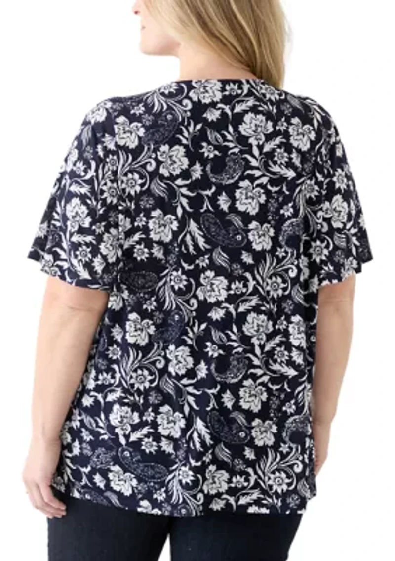 Plus Flutter Sleeve Button Front Top