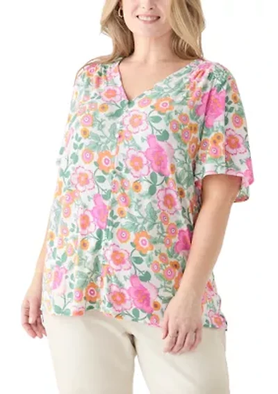 Plus Printed Button Front V-Neck Top