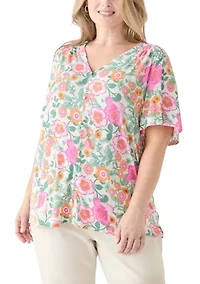 Plus Printed Button Front V-Neck Top