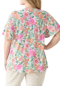 Plus Printed Button Front V-Neck Top