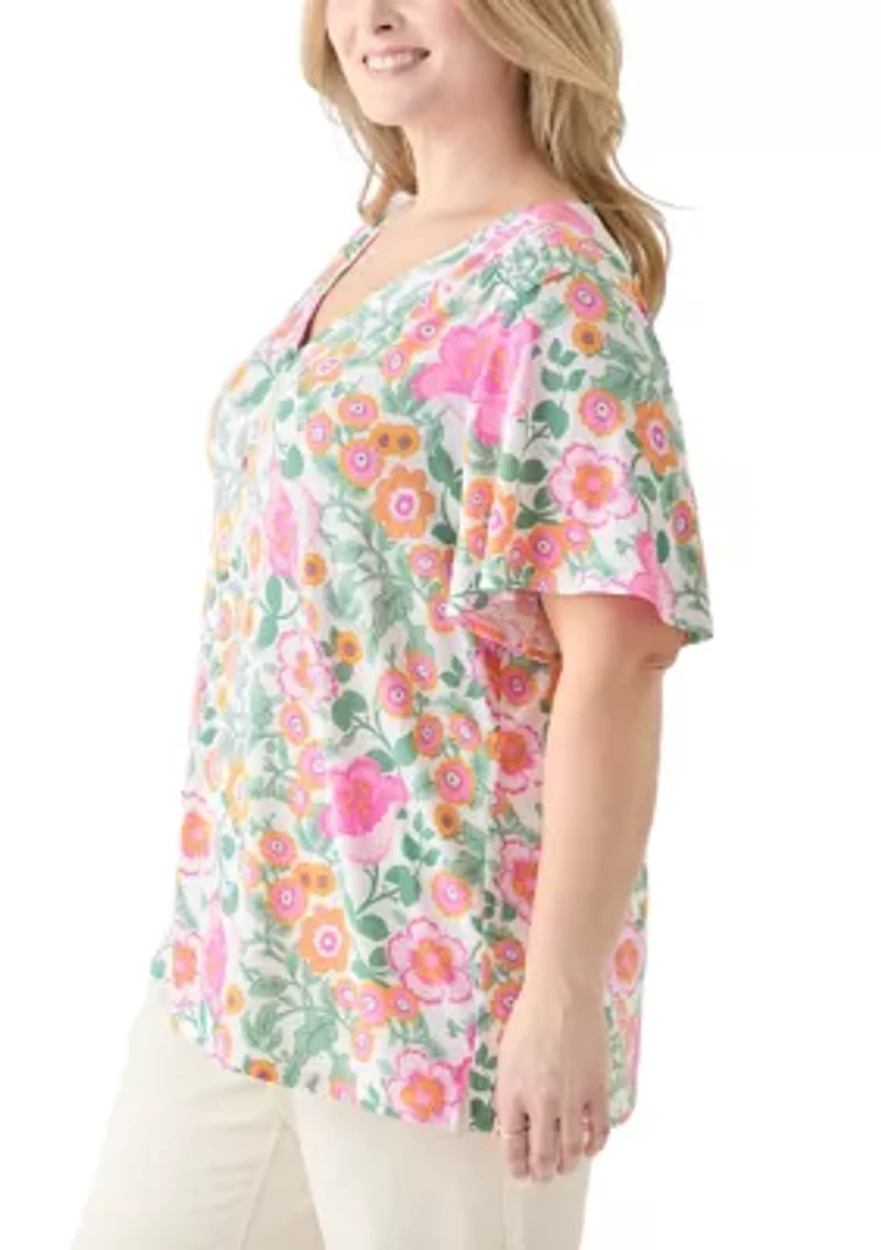 Plus Printed Button Front V-Neck Top