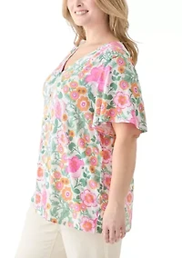 Plus Printed Button Front V-Neck Top