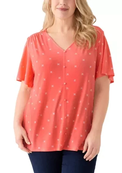 Plus Flutter Sleeve Button Front V-Neck Top