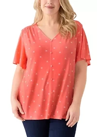 Plus Flutter Sleeve Button Front V-Neck Top