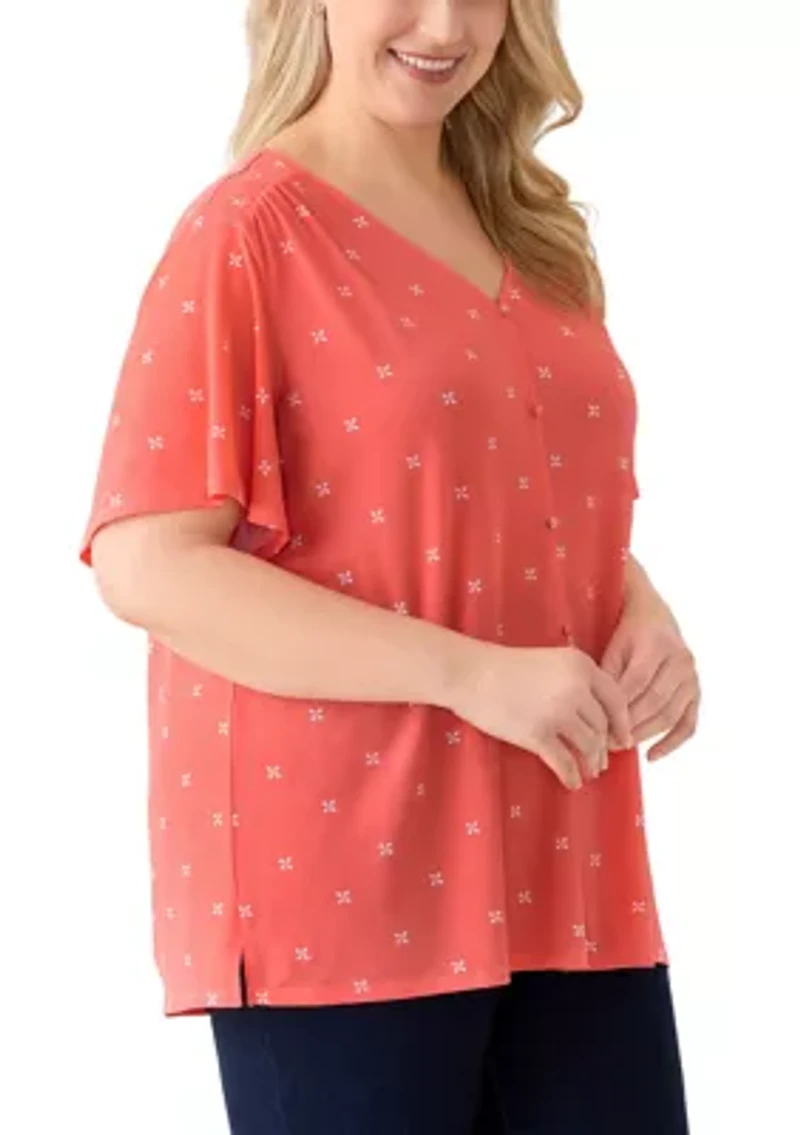 Plus Flutter Sleeve Button Front V-Neck Top