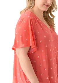 Plus Flutter Sleeve Button Front V-Neck Top