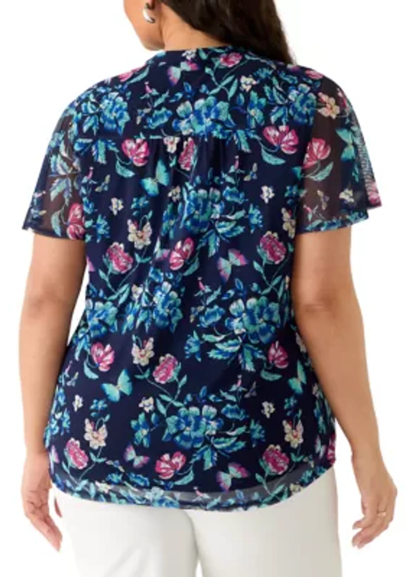 Plus Short Sleeve Mesh Henley Top