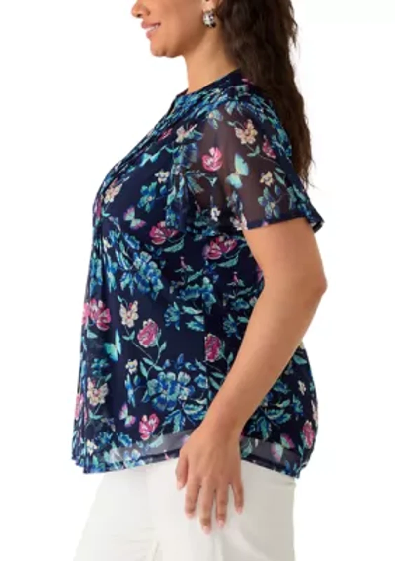 Plus Short Sleeve Mesh Henley Top