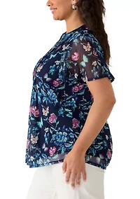 Plus Short Sleeve Mesh Henley Top