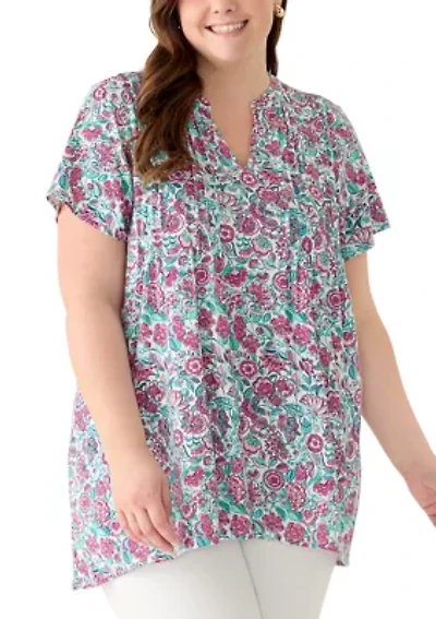 Plus Short Sleeve Pin Tuck Tunic Top